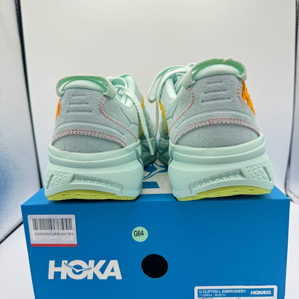 NWT Hoka Clifton Leather Embroidery UNISEX Shoes blue glass radiant yellow NEW - Picture 10 of 16